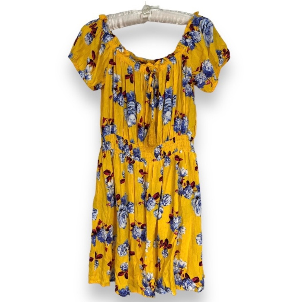 NEW Rue21 Yellow Dress Floral Sundress Off The Shoulder Boho Juniors Sz L